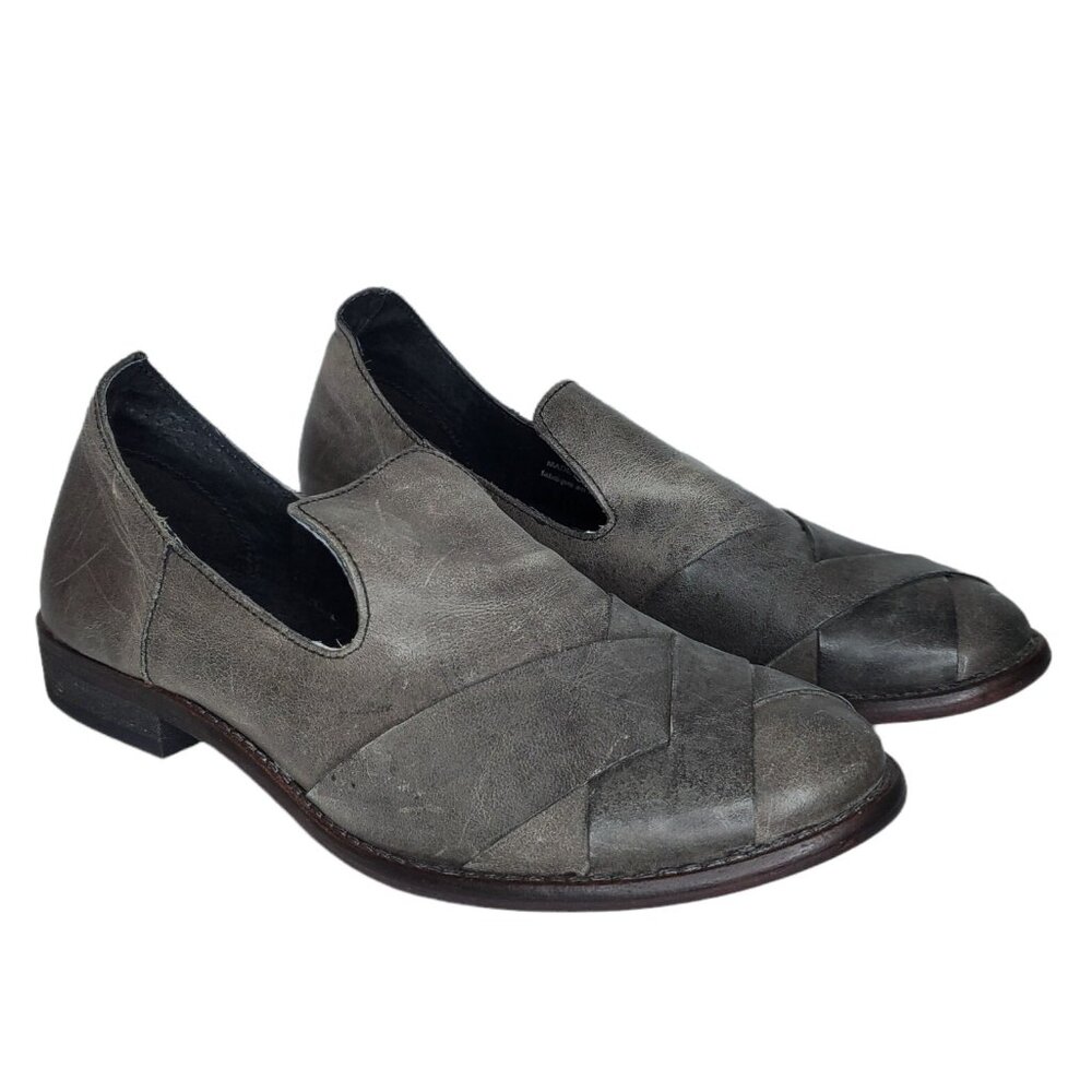 Free People Gray Leather Slip-On Loafers with Woven Toe Detail